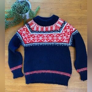 Vintage Norweigan Wool Navy and Red Patterned Women's Sweater